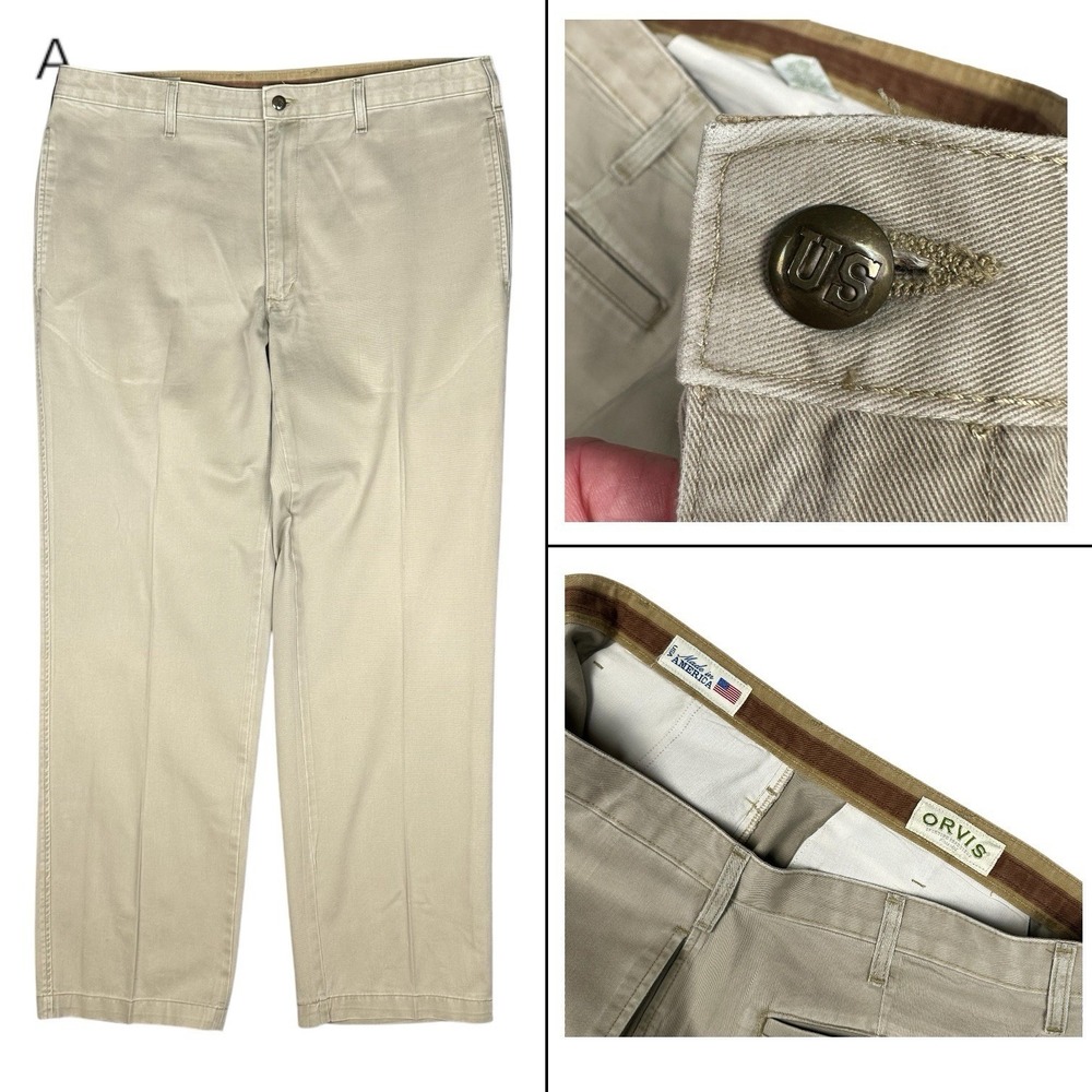 VTG Orvis Pants Mens 40x34 Khaki Heavy Twill Canvas Civil War US Button USA Made